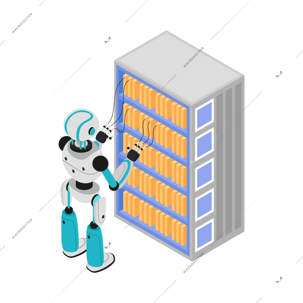 Isometric robotic process automation composition with character of robot wired to server rack vector illustration