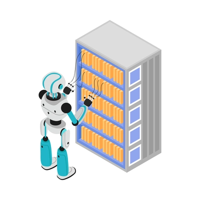 Isometric robotic process automation composition with character of robot wired to server rack vector illustration