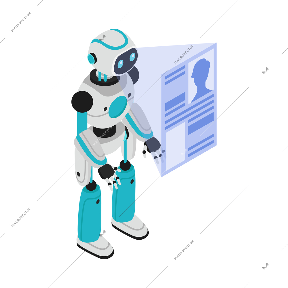 Isometric robotic process automation composition with character of robot scanning holographic id vector illustration