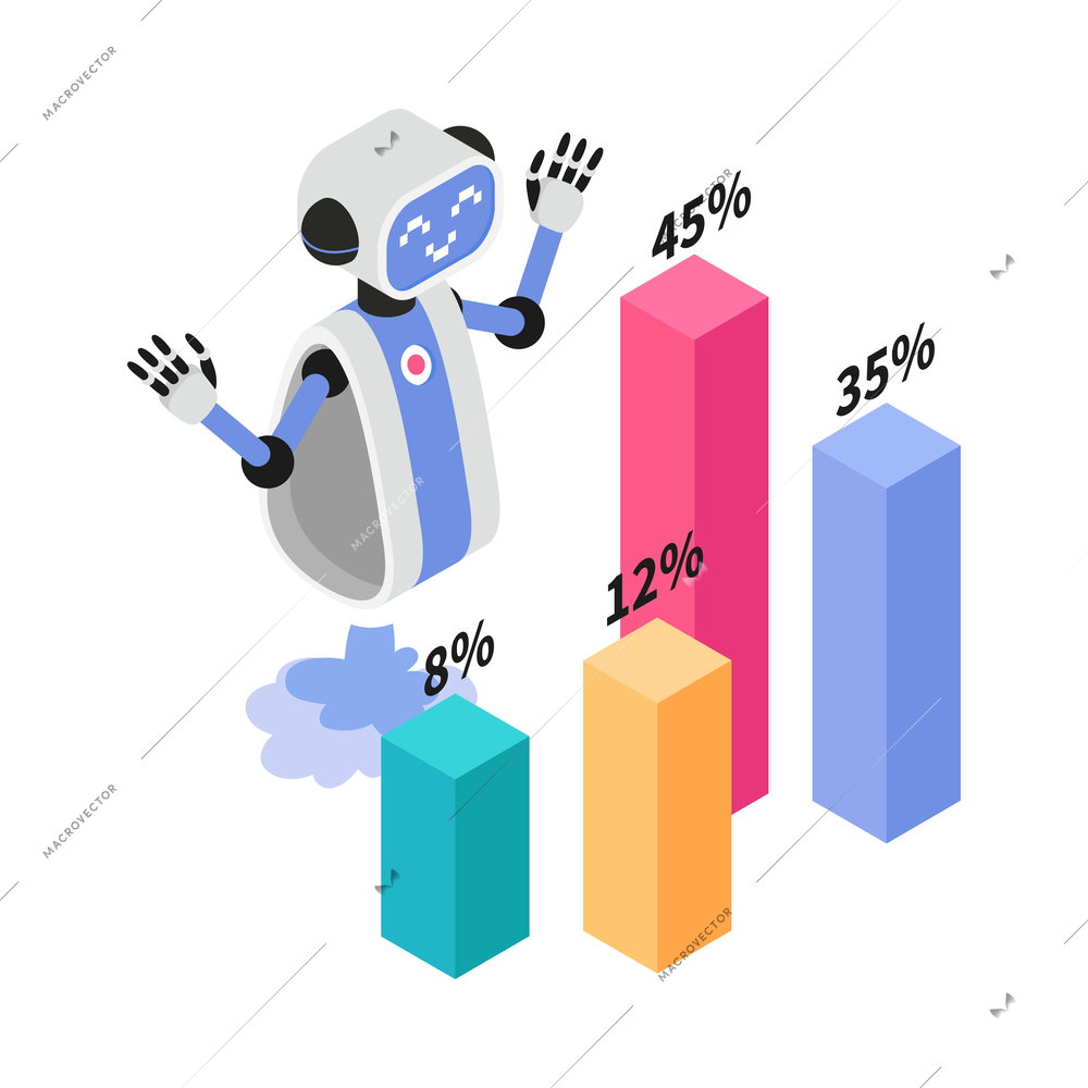 Isometric robotic process automation composition with character of robot surrounded by bar charts vector illustration