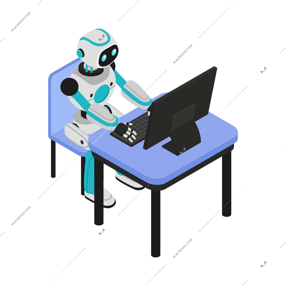 Isometric robotic process automation composition with character of robot working on laptop vector illustration