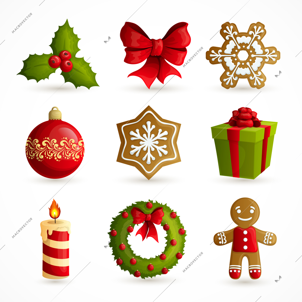 Christmas holiday decoration decorative icons set with mistletoe bow snowflake cookie isolated vector illustration