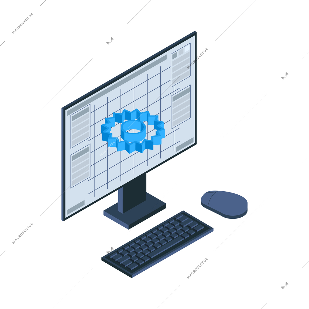 Isometric 3d printing composition with isolated image of desktop computer running gear modeling software vector illustration