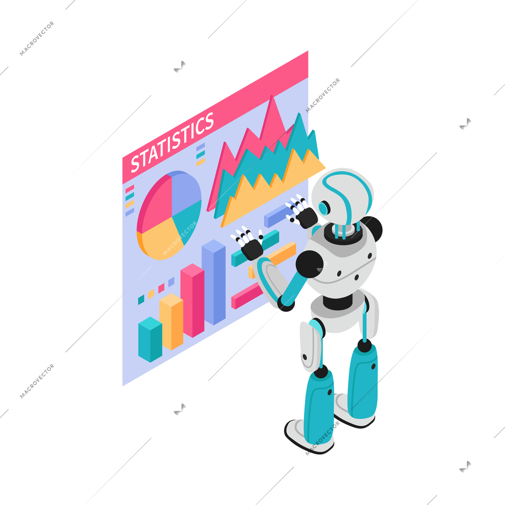 Isometric robotic process automation composition with character of robot and board of graph charts vector illustration