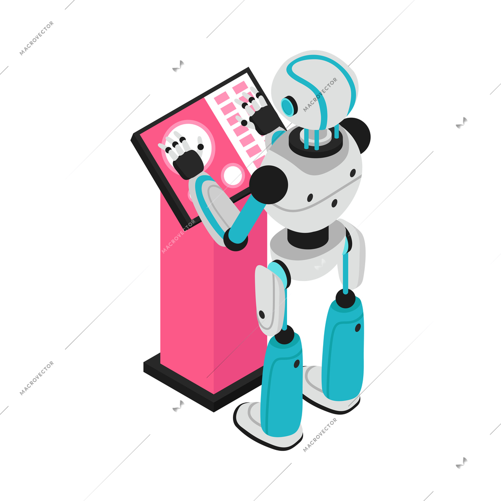 Isometric robotic process automation composition with character of robot working with control panel vector illustration