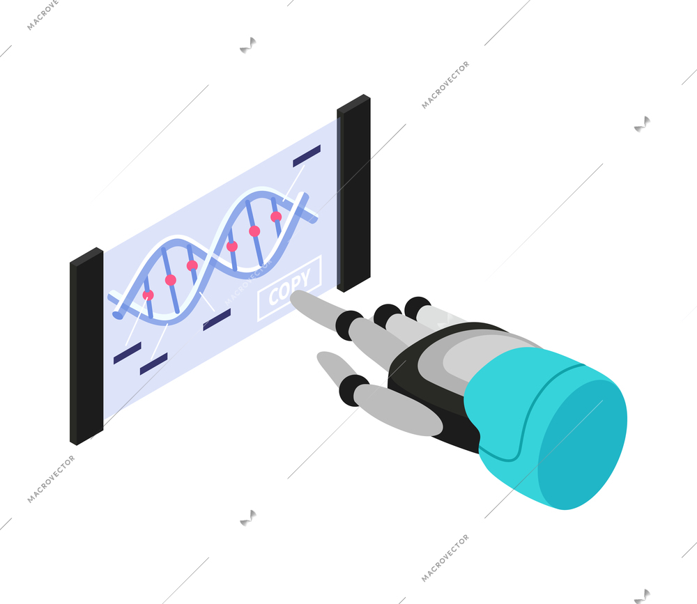 Isometric robotic process automation composition with robotic hand copying human dna vector illustration