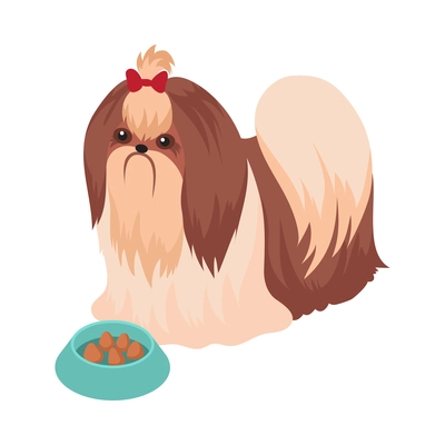 Pet animals isometric composition with isolated image of dog with long hair and food in dish vector illustration