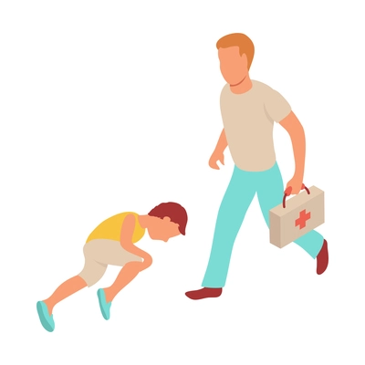 Kid sport isometric composition with characters of injured boy and running man holding first aid box vector illustration