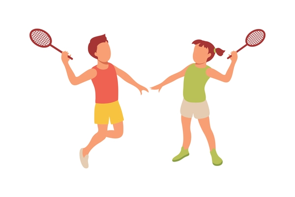 Kid sport isometric composition with characters of boy and girl holding hands with rackets vector illustration