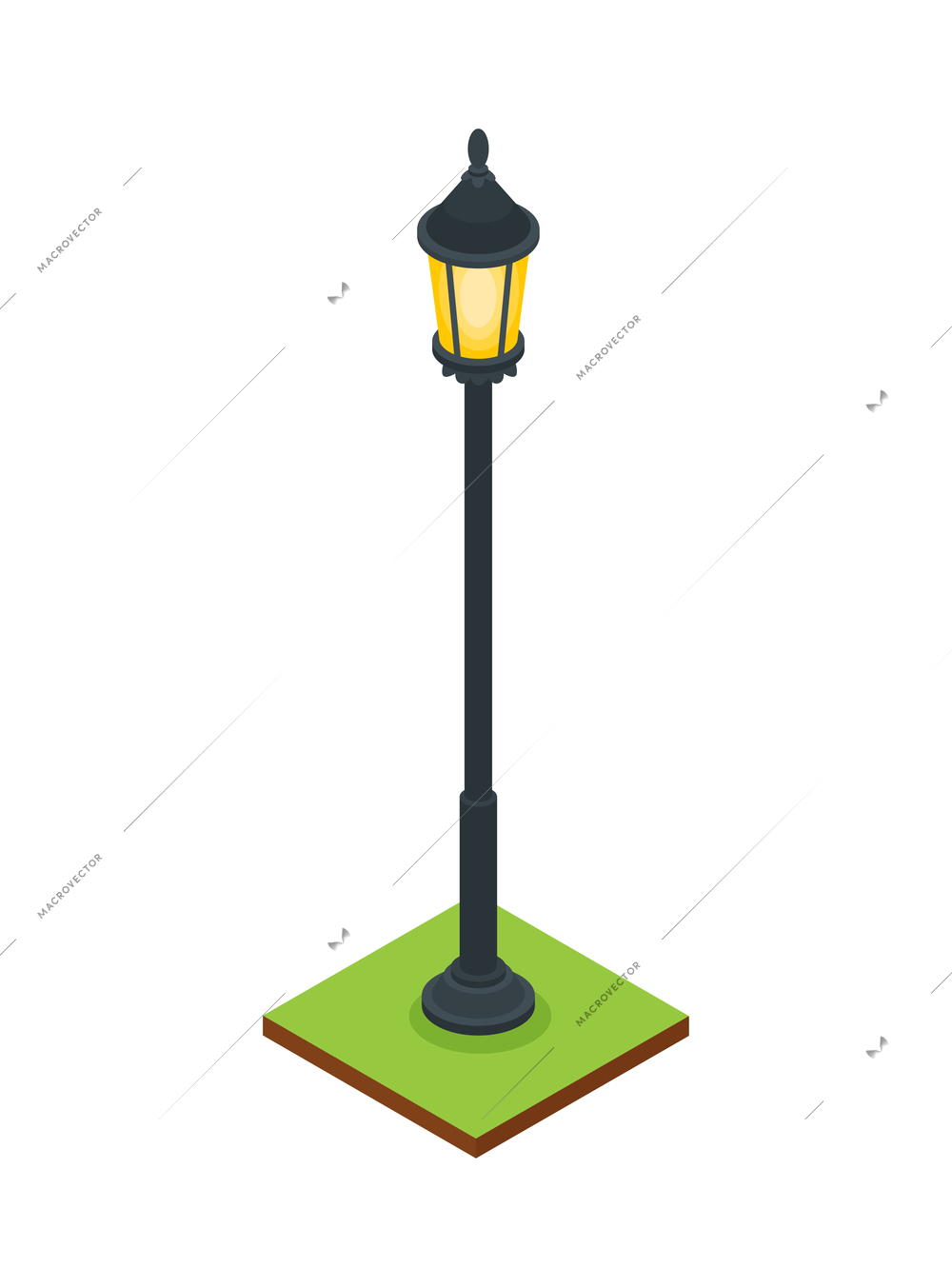 Isometric forest park nature element composition with rectangular platform and lamp post vector illustration