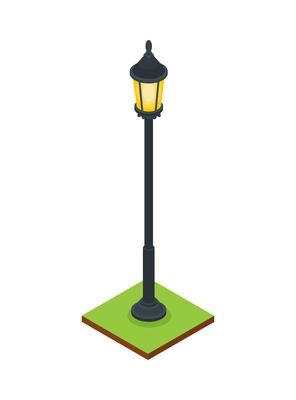 Isometric forest park nature element composition with rectangular platform and lamp post vector illustration