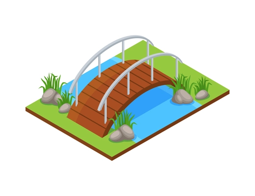 Isometric forest park nature element composition with rectangular platform and footbridge vector illustration