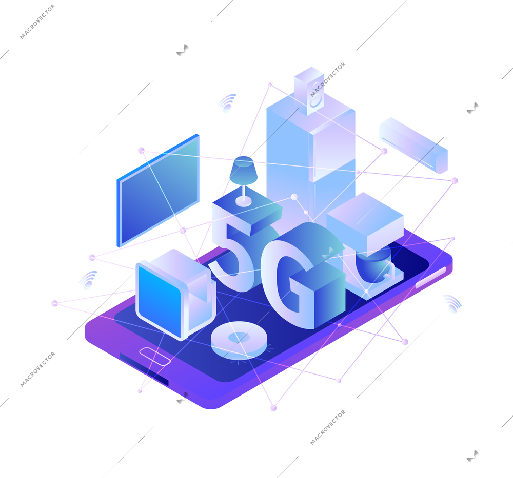 Isometric 5g internet technology composition with icons of household appliances connected to 5g network vector illustration