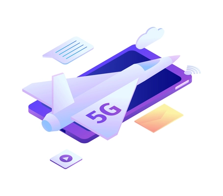 Isometric 5g internet technology composition with icons of smartphone and jet airplane with chat bubbles vector illustration