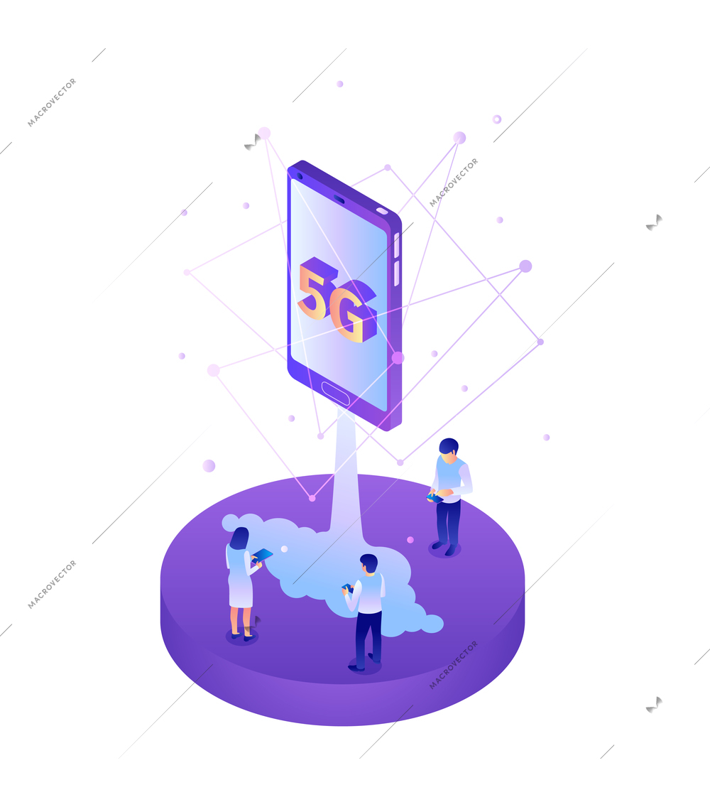 Isometric 5g internet technology composition with characters of people connection lines and rocket like smartphone vector illustration
