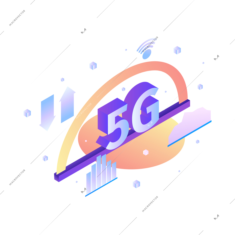 Isometric 5g internet technology composition with icons of data exchange wireless connectivity and network infrastructure vector illustration