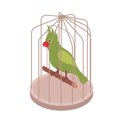 Pet animals isometric composition with isolated image of parrot sitting inside cage vector illustration