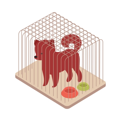 Pet animals isometric composition with isolated image of puppy sitting inside cage vector illustration