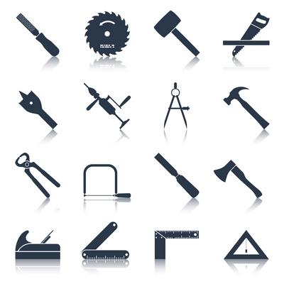 Carpentry wood work tools and equipment black icons set isolated vector illustration