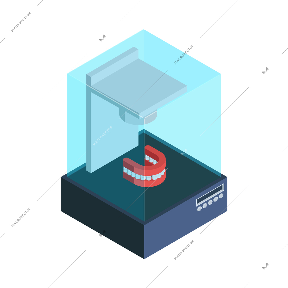 Isometric 3d printing composition with isolated image of printer printing human jaw vector illustration