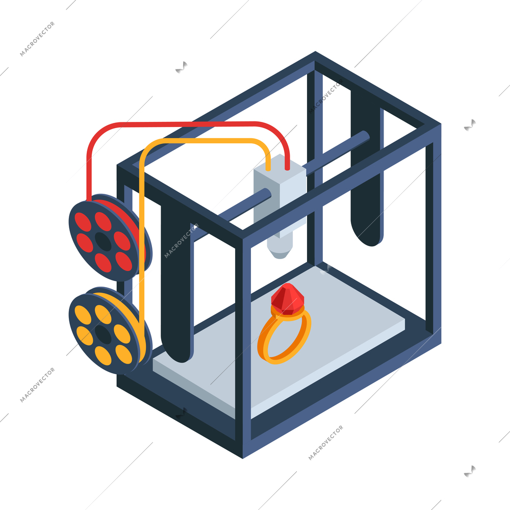 Isometric 3d printing composition with isolated image of printer making jewelry ring with emerald vector illustration