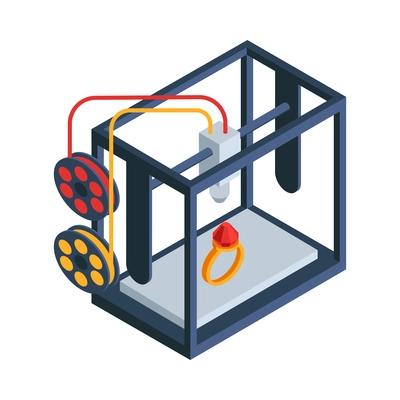 Isometric 3d printing composition with isolated image of printer making jewelry ring with emerald vector illustration