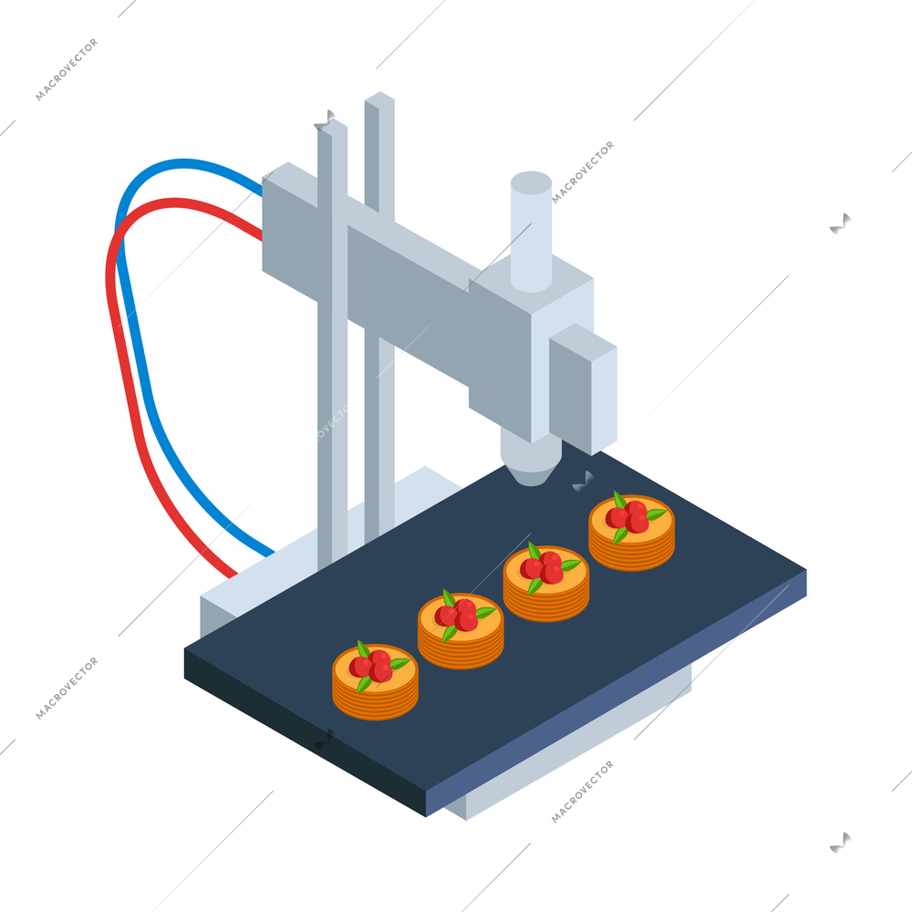 Isometric 3d printing composition with isolated image of printer making dummy cakes vector illustration