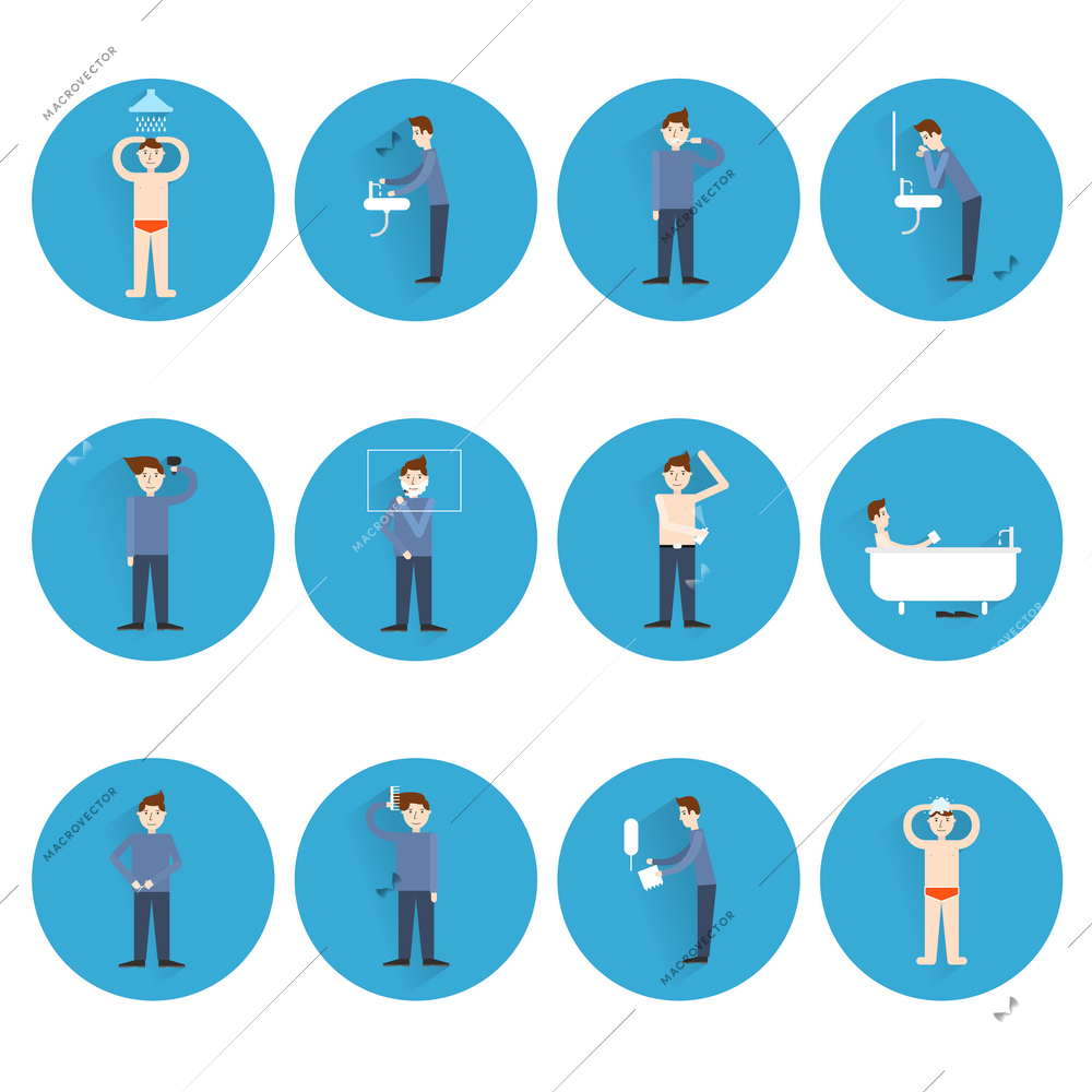 Hygiene icons flat set with man figures facial and body care isolated vector illustration