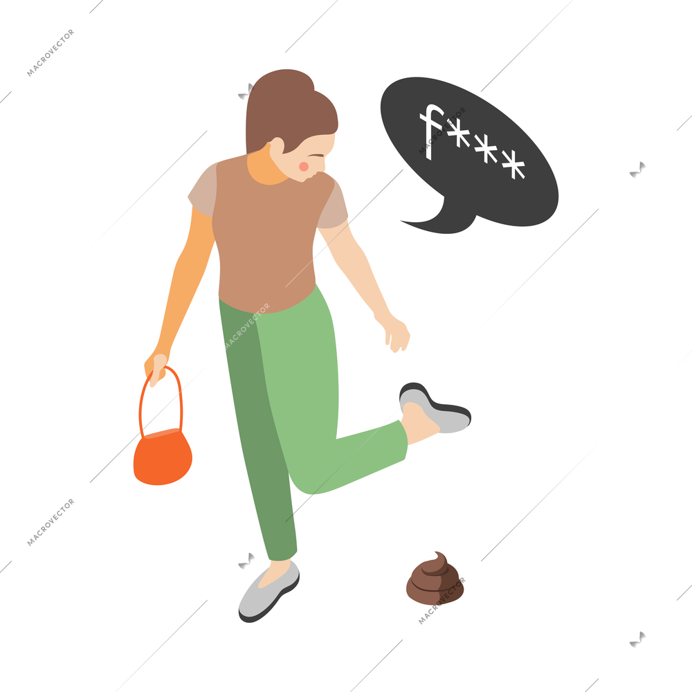 Depression stress isometric icons composition with isolated female character stepped on piece of shit vector illustration