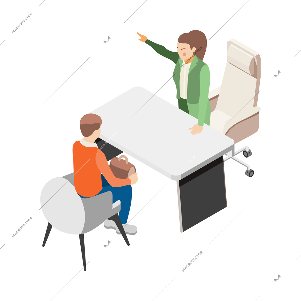 Depression stress isometric icons composition with isolated human characters of boss and employee vector illustration