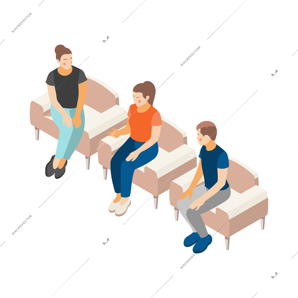 Depression stress isometric icons composition with isolated human characters of psychologist clients vector illustration