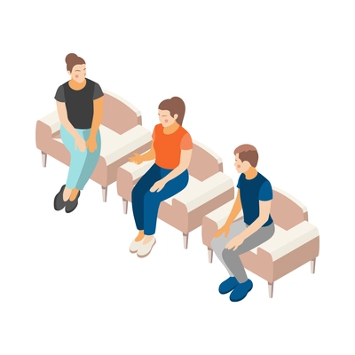 Depression stress isometric icons composition with isolated human characters of psychologist clients vector illustration