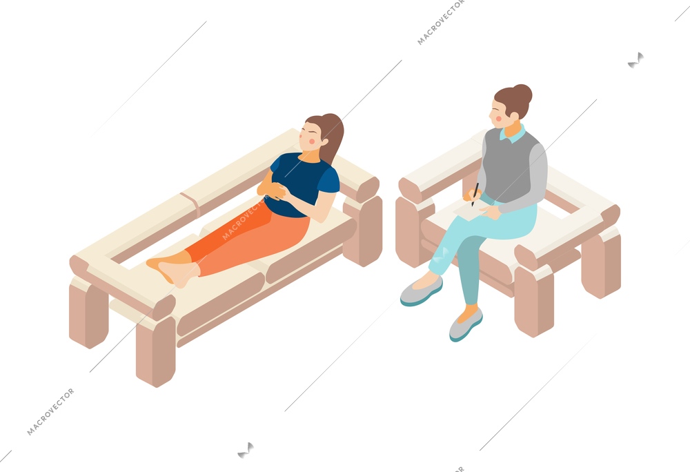 Depression stress isometric icons composition with isolated human characters of client and psychologist vector illustration