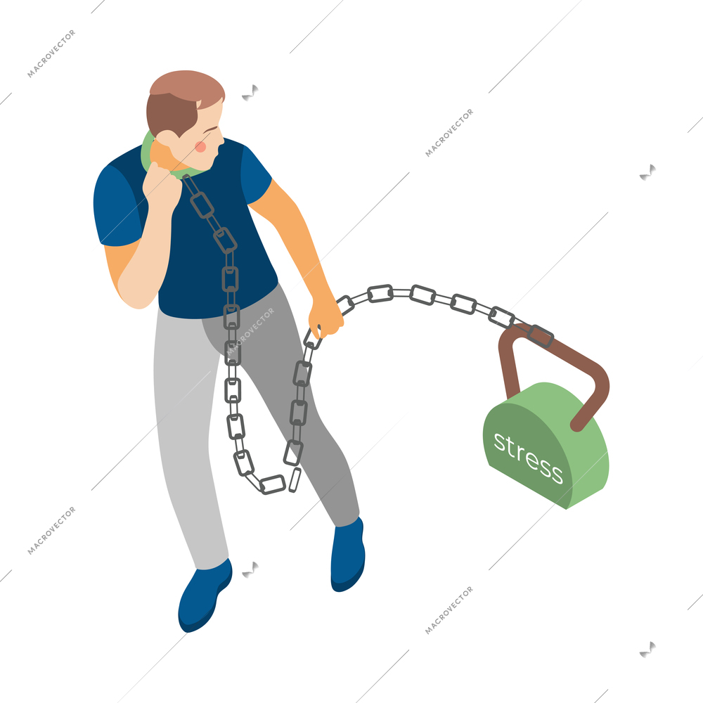 Depression stress isometric icons composition with isolated male character chained to dumbbell vector illustration