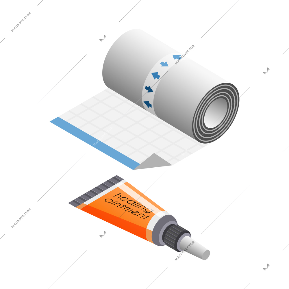 Tattoo studio isometric icons composition with isolated image of tape and healing ointment in tube vector illustration