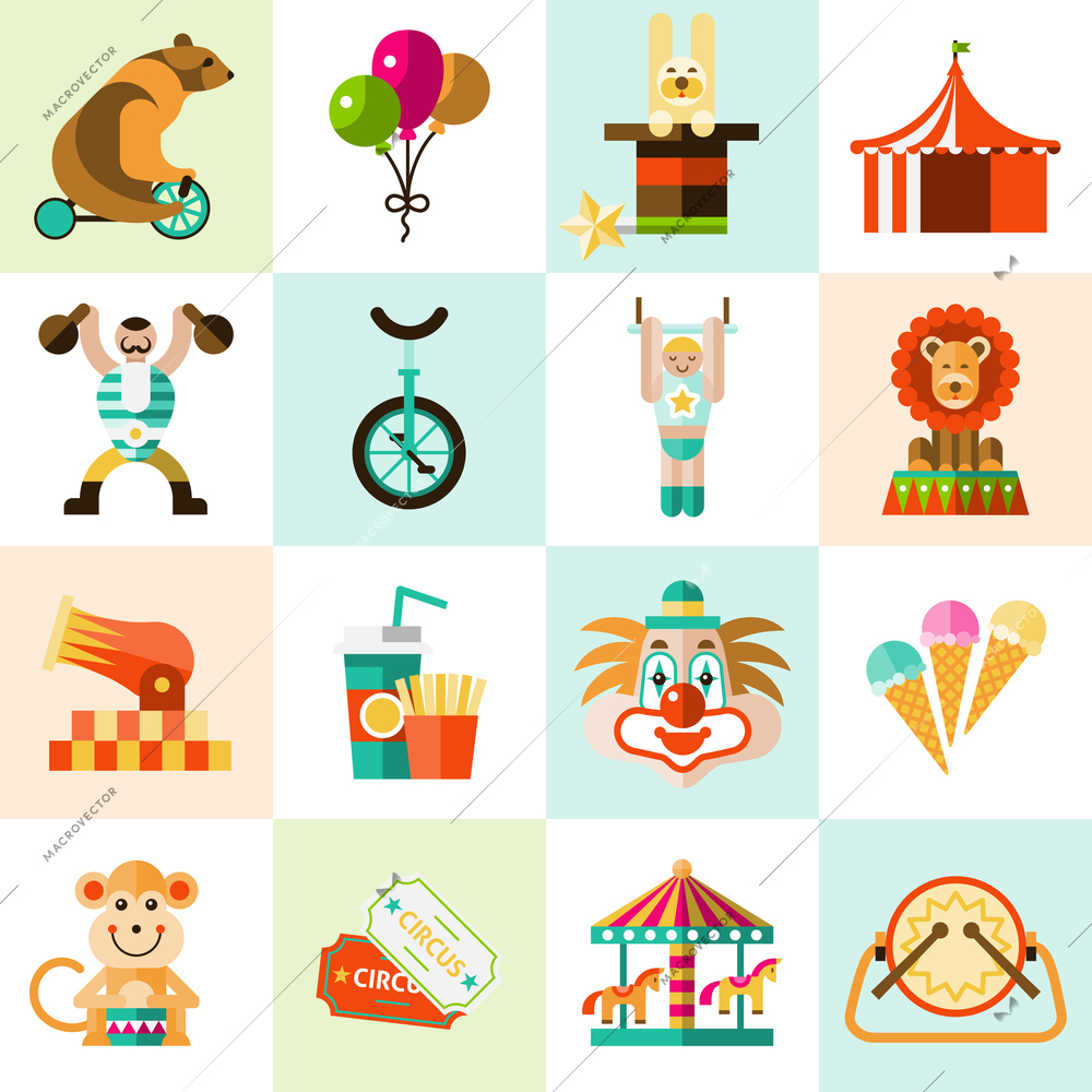 Circus entertainment flat icons set with tent clown balloons isolated vector illustration