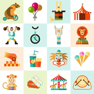 Circus entertainment flat icons set with tent clown balloons isolated vector illustration