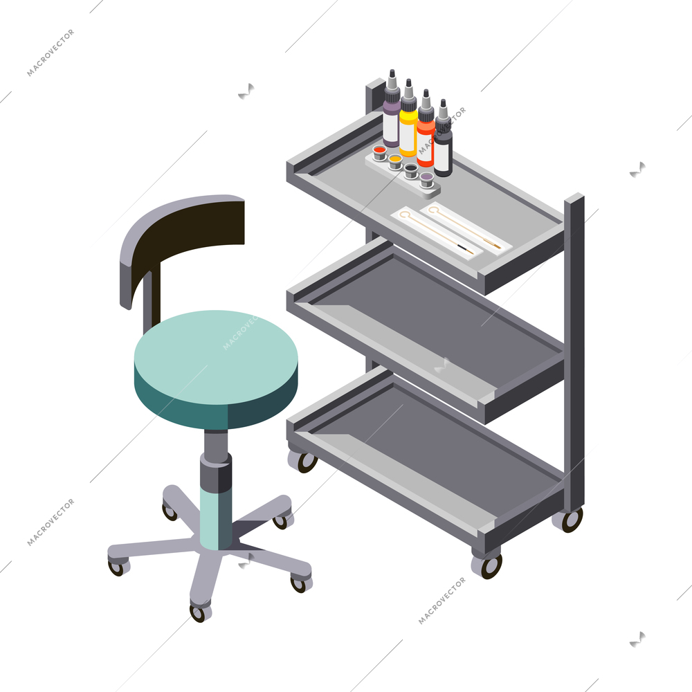 Tattoo studio isometric icons composition with isolated view of tattoo artists workplace with chair and rack vector illustration