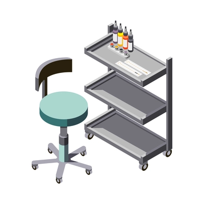 Tattoo studio isometric icons composition with isolated view of tattoo artists workplace with chair and rack vector illustration