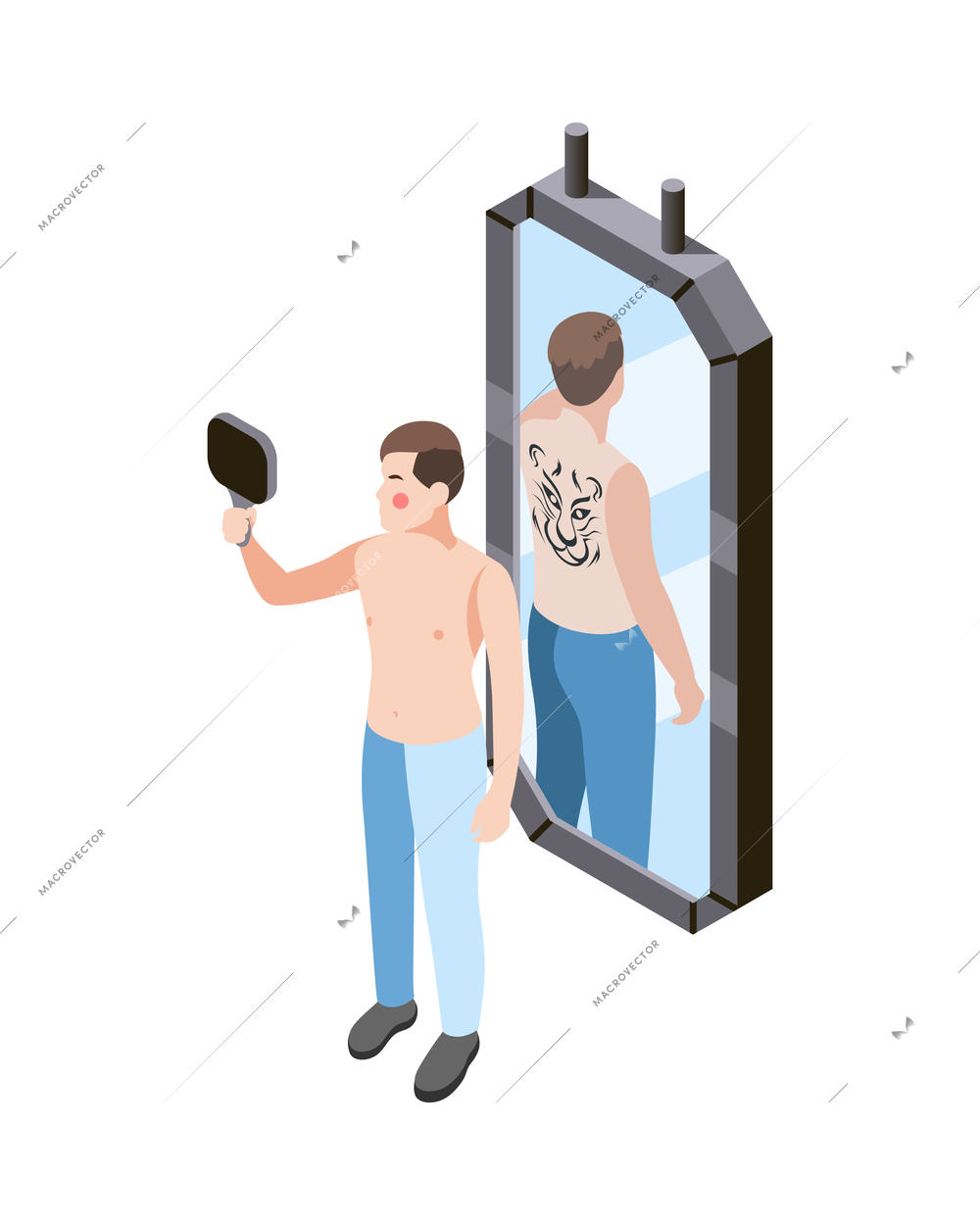 Tattoo studio isometric icons composition with human character of tattooed client looking in mirror vector illustration