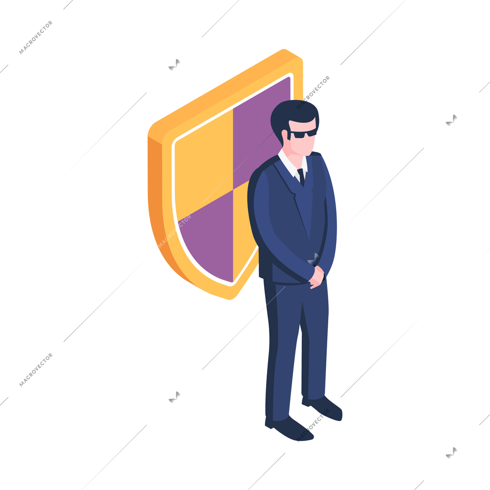 Isometric hacker safety system composition with character of guard agent with defense shield icon vector illustration