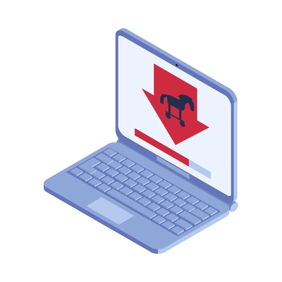 Isometric hacker safety system composition with isolated image of laptop downloading trojan virus vector illustration