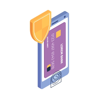 Isometric hacker safety system composition with isolated image of smartphone with fingerprint shield and credit card vector illustration