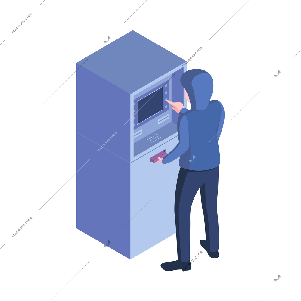 Isometric hacker safety system composition with character of hacker in mask attacking atm machine vector illustration