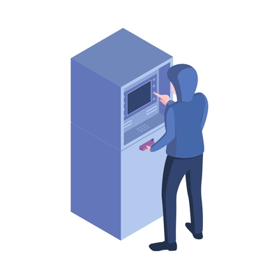 Isometric hacker safety system composition with character of hacker in mask attacking atm machine vector illustration