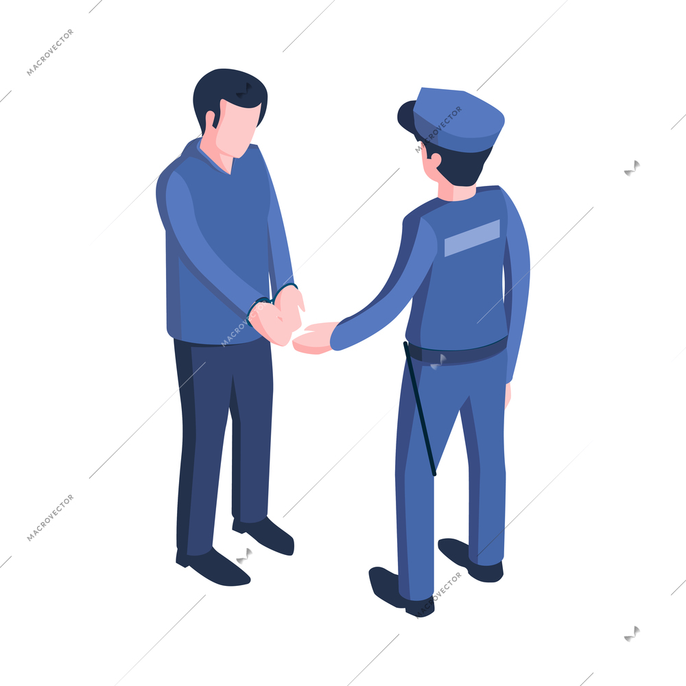 Isometric hacker safety system composition with characters of police officer and hacker in handcuffs vector illustration