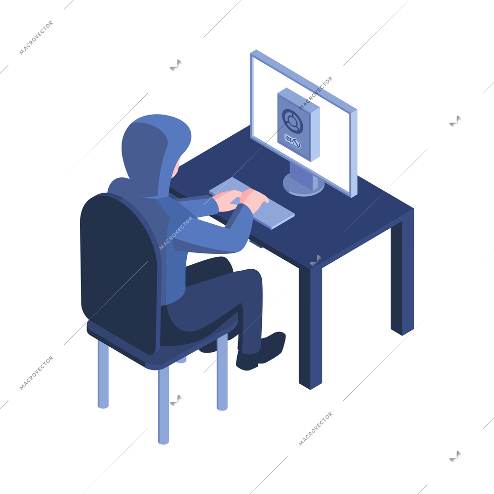 Isometric hacker safety system composition with character of hacker sitting at computer with safe box on screen vector illustration