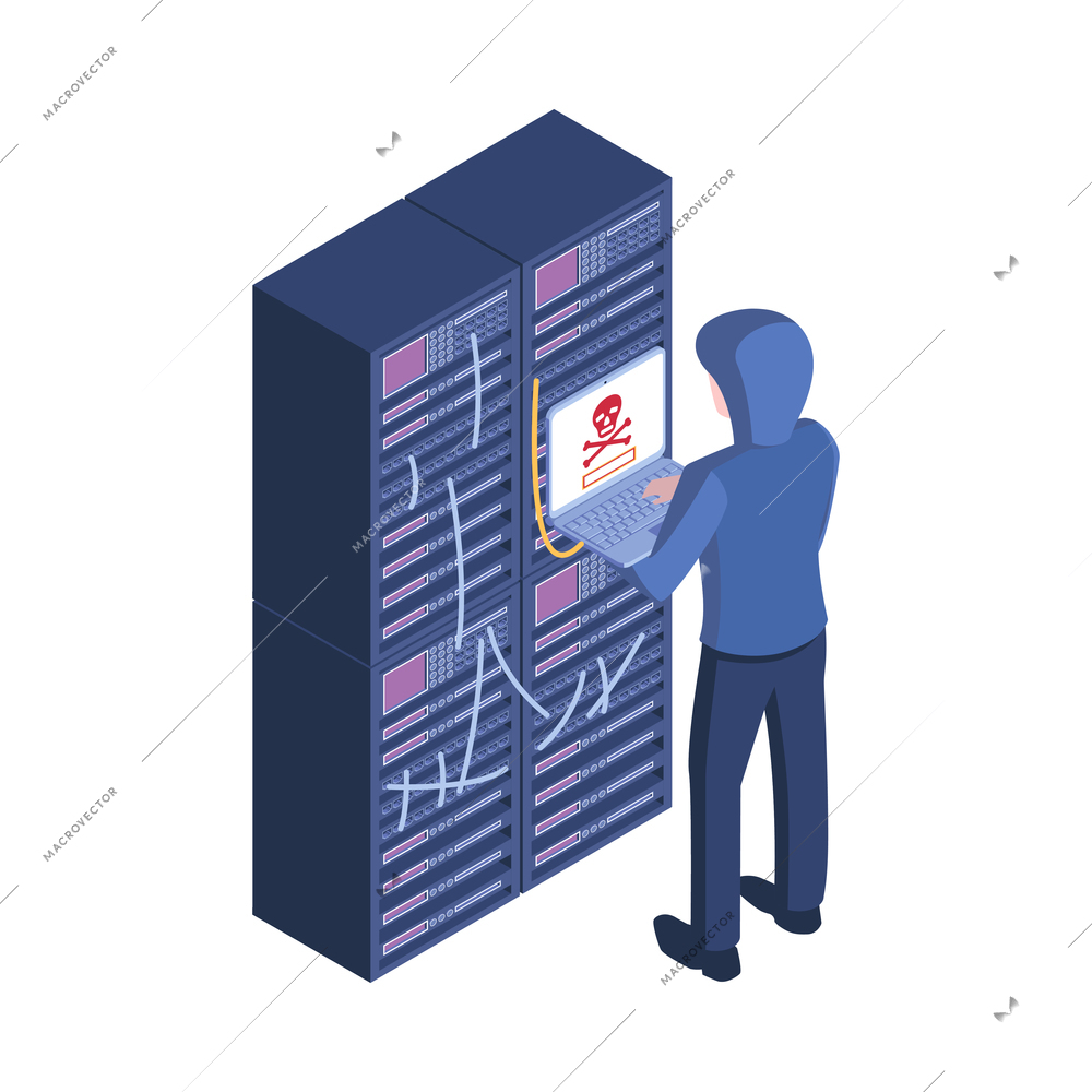 Isometric hacker safety system composition with character of hacker holding laptop in front of server racks vector illustration