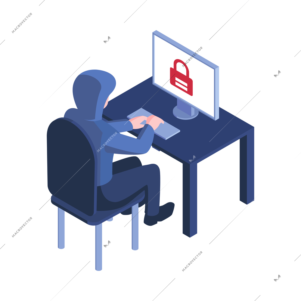 Isometric hacker safety system composition with character of hacker sitting at computer with lock on screen vector illustration