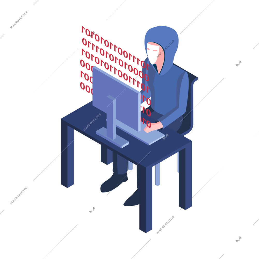 Isometric hacker safety system composition with character of hacker sitting at computer wearing anonymous mask vector illustration